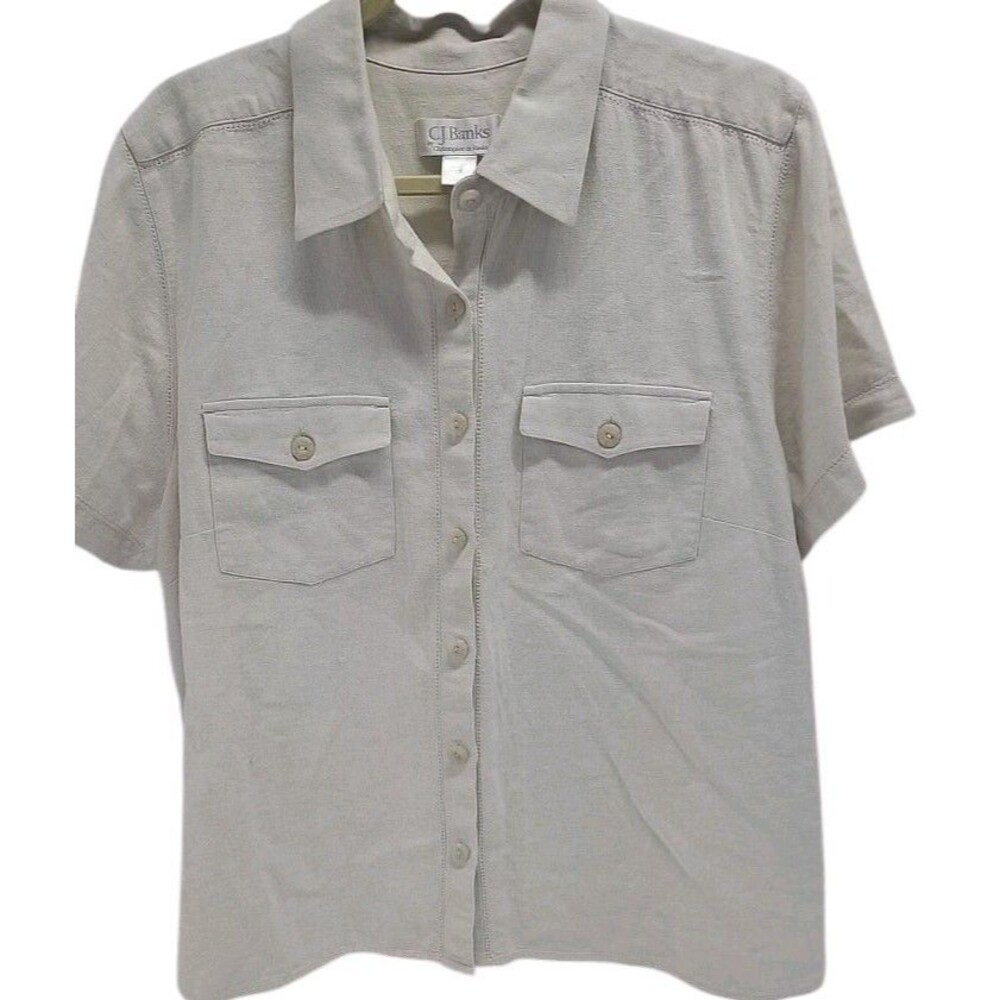 Vtg CJ Banks Blouse 1X Linen Blend Pockets Minimalist Resort Button Casual